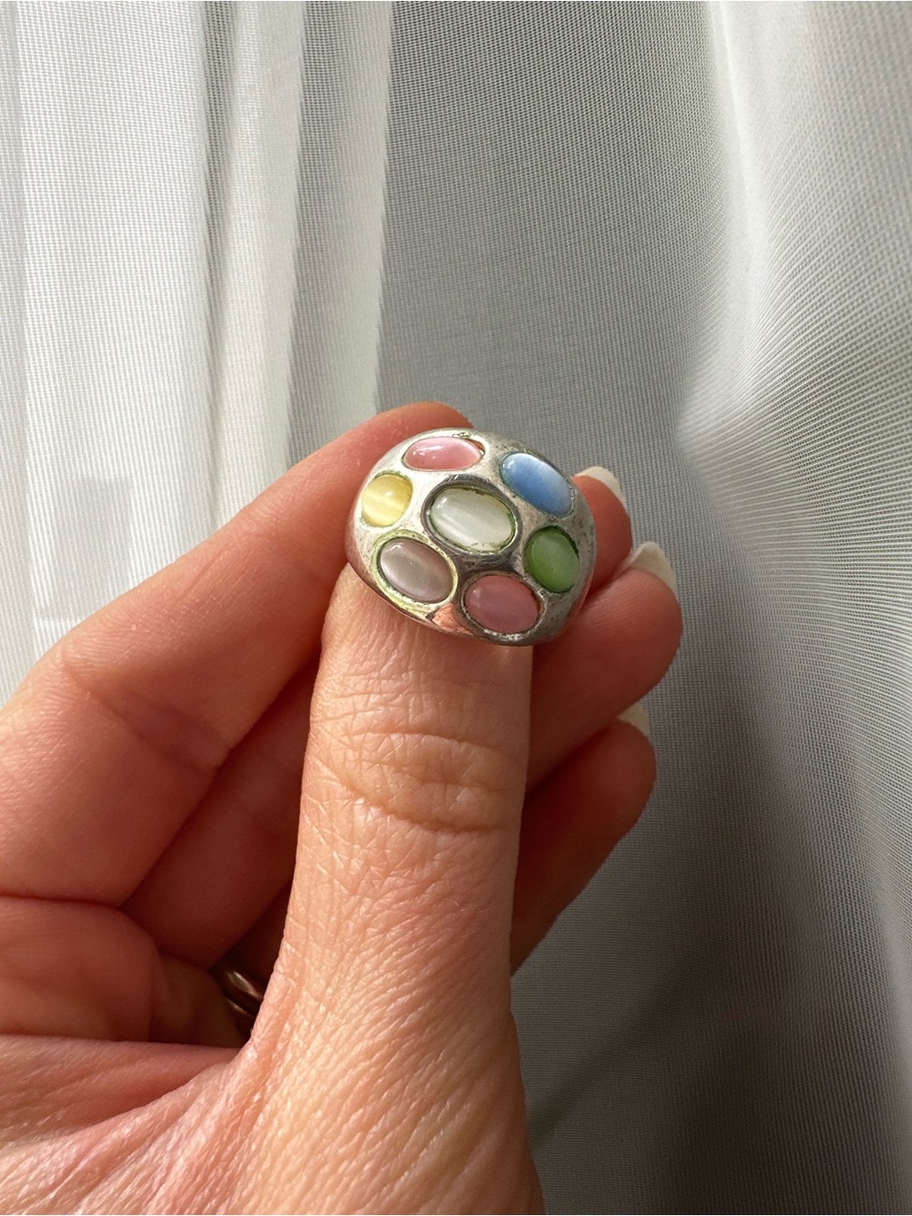 Sterling Silver Cocktail Ring with Pastel Cabochons Size 7 Signed Statement Ring